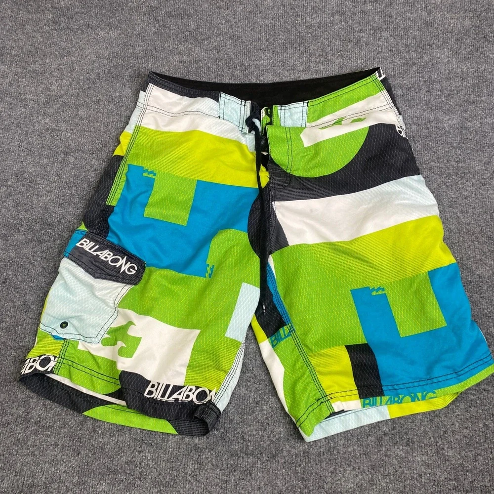 Billabong Board Shorts Mens 34 Neon Green Blue Colorblock Surf Trunks Y2K Bro